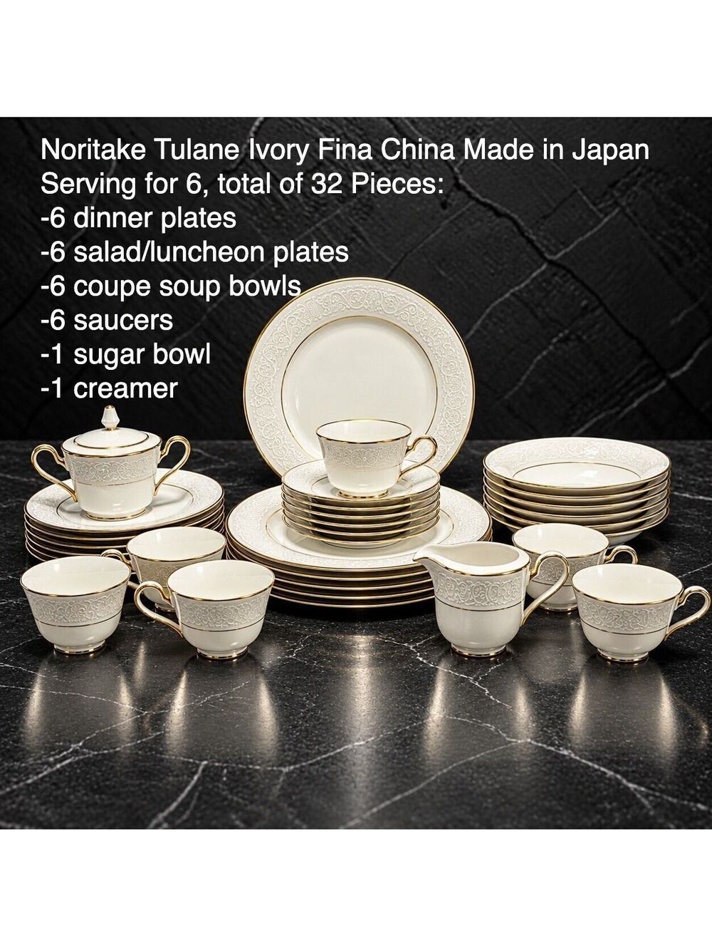 Vtg Noritake Tulane 7562 Ivory China 32 Pc Dinnerware Set Service for 6 Japan